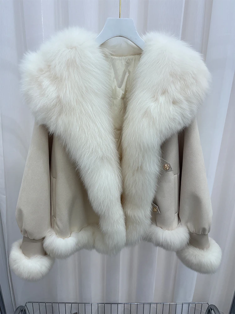 2024 Fashion Real Fur Coat Natural Big Fox Fur Collar Goose Down Jacket Winter Women Coat Thick Outerwear Warm