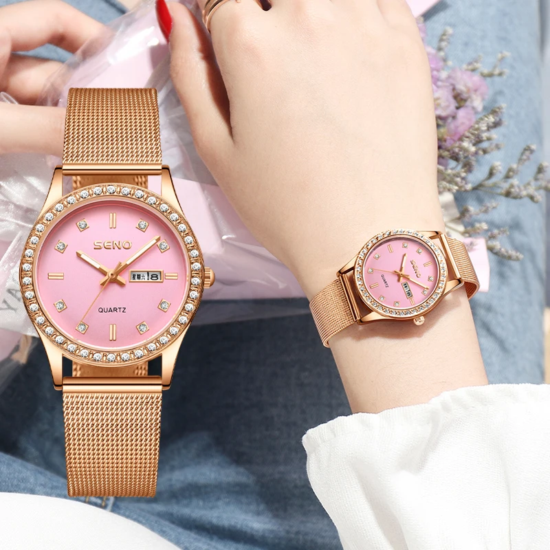 

Fashion mesh strap watch women's watch waterproof luminous double date schoolgirl diamond set British watch