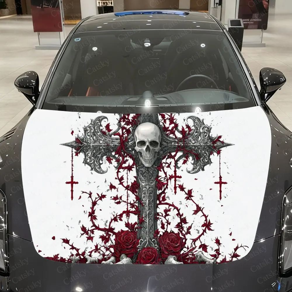 

Silver Carved Cross & Roses Car Vinyl Wrap, PVC Waterproof Car Hood Sticker, Self-Adhesive Scratch-Resistant Engine Cover Sticke