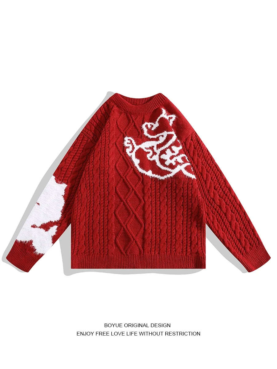 

Свитер BOYUE Dragon Man с вышивкой оленя, вязаный, с круглым вырезом, праздничный красный, унисекс, зимний, повседневный, свободного кроя, худи