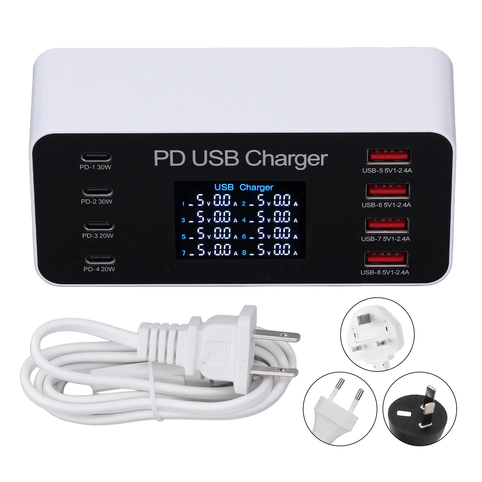 65W 8 Port USB Charging Station Multi Port USB Hub Charger LCD Display QC3.0 PD30W USB C for IOS Tablet MacBook Pro Air Galaxy