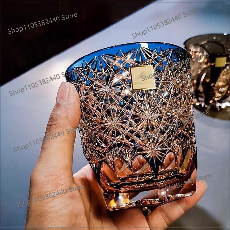 Edo Kiriko Blue Daisy Crystal Whiskey Glass, Handmade Japanese Cut Glass Rocks Glass, High-End Home Bar Decor with Gift Box