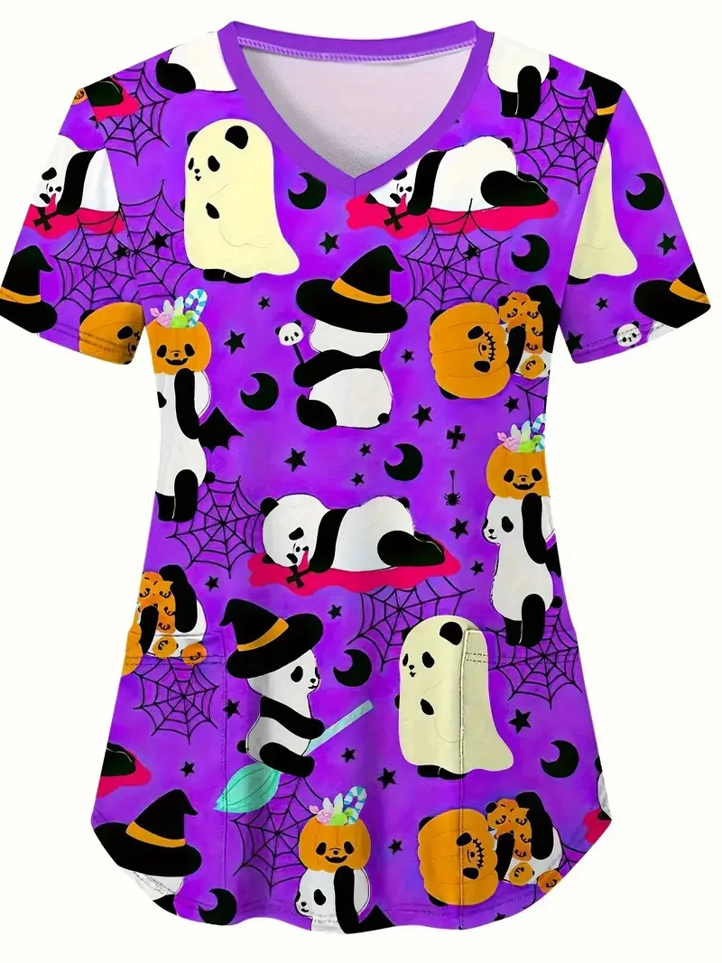 Uniforme quirúrgico de Halloween para mujer, estampado de dibujos animados, moda de enfermera, cuello en V, parche de manga corta, uniforme clínico