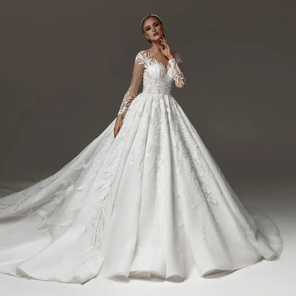Customize Elegant A Line Bridal Gowns V Neck Long Sleeve Wedding Dresses Lace Appliques High Quality Bride Dress
