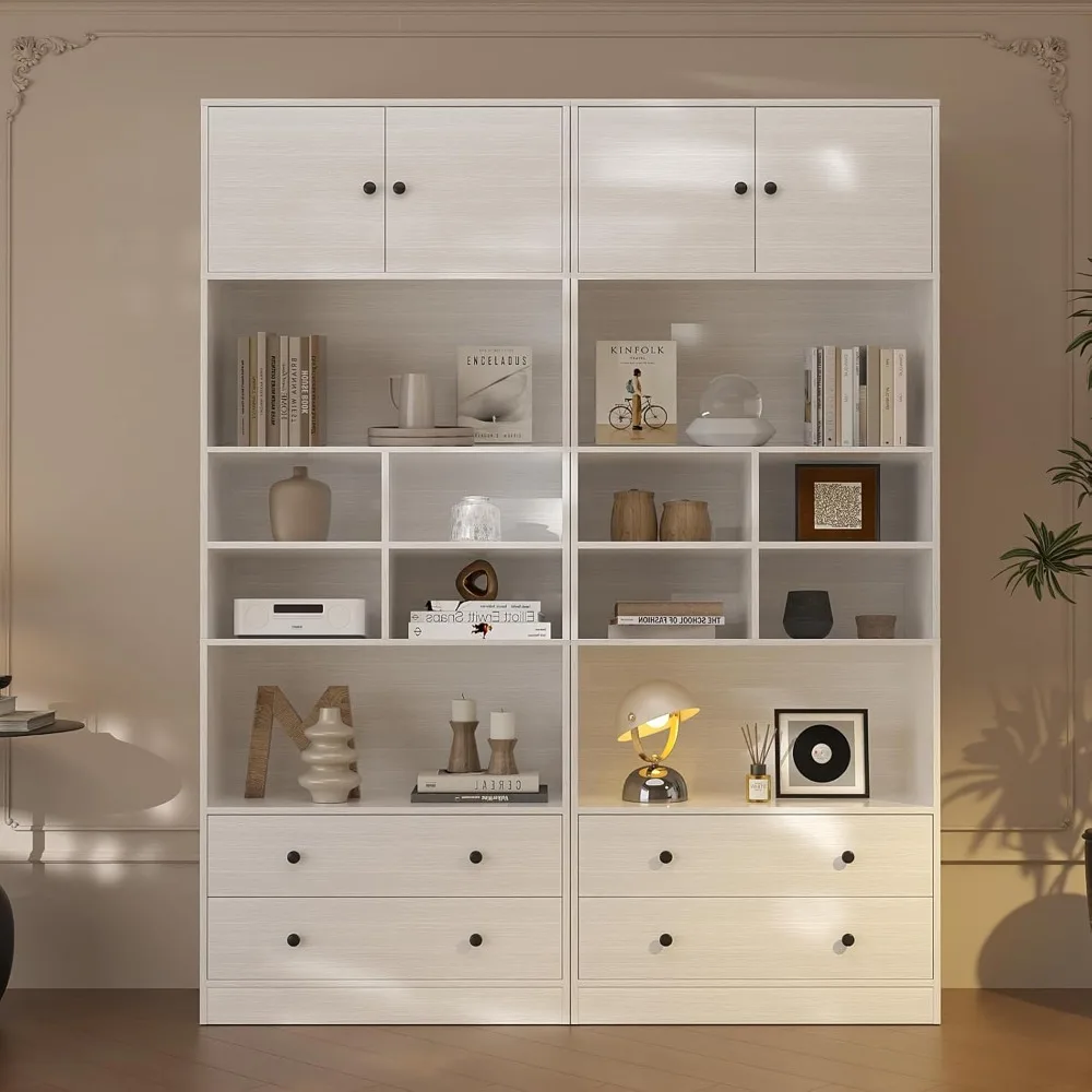 

78.8" Modern Bookcase with Drawers, Large Wooden Bookshelf 2 Sets, White Pantries with Doors and Shelves,7 Tier Tall Cabinet