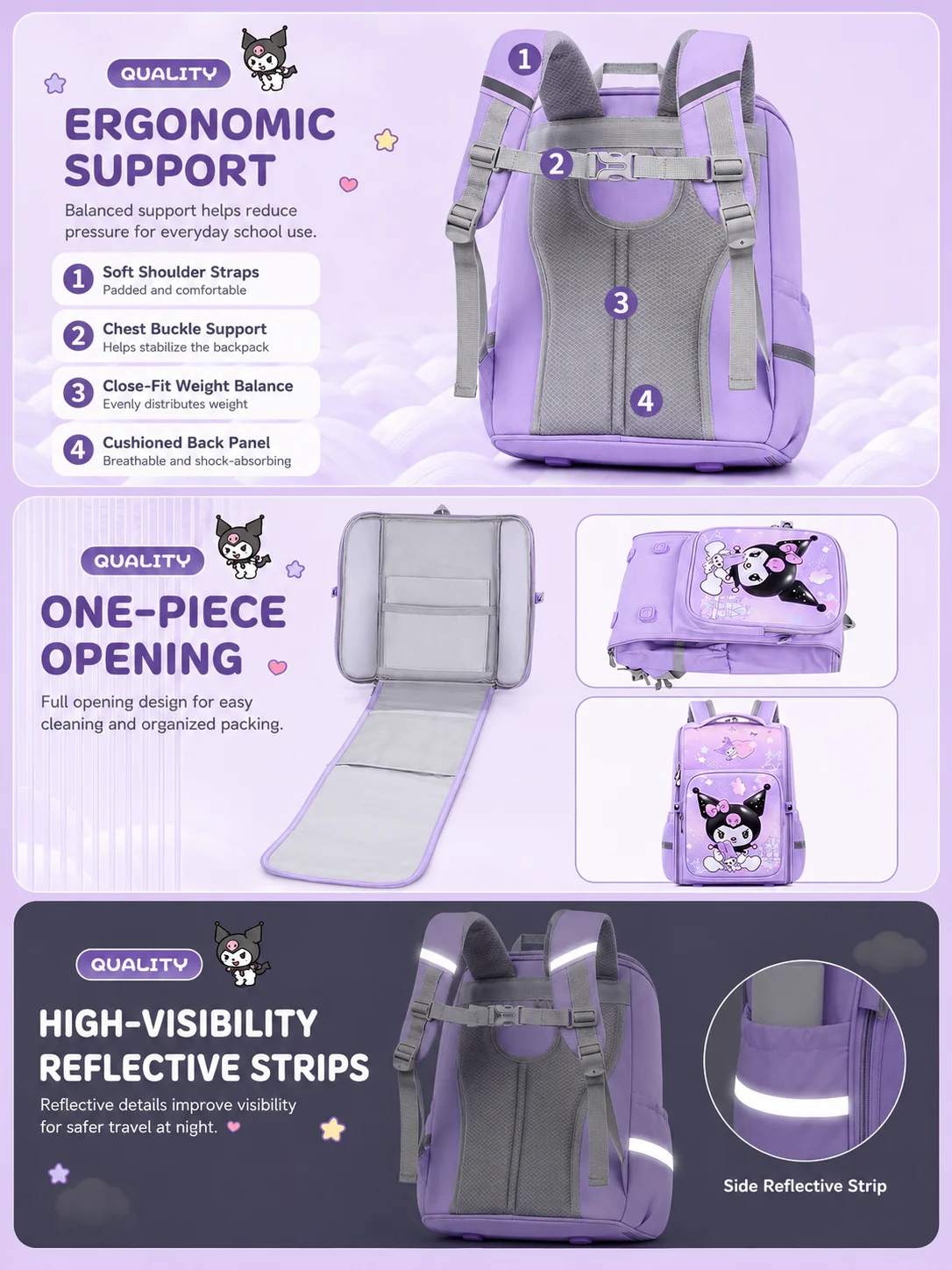 Sanrio Grade 1-6 Primary School Backpack Ergonomic Backpack Lightweight Back To School Girls Cute Multi-Layer Storage School Bag view 4