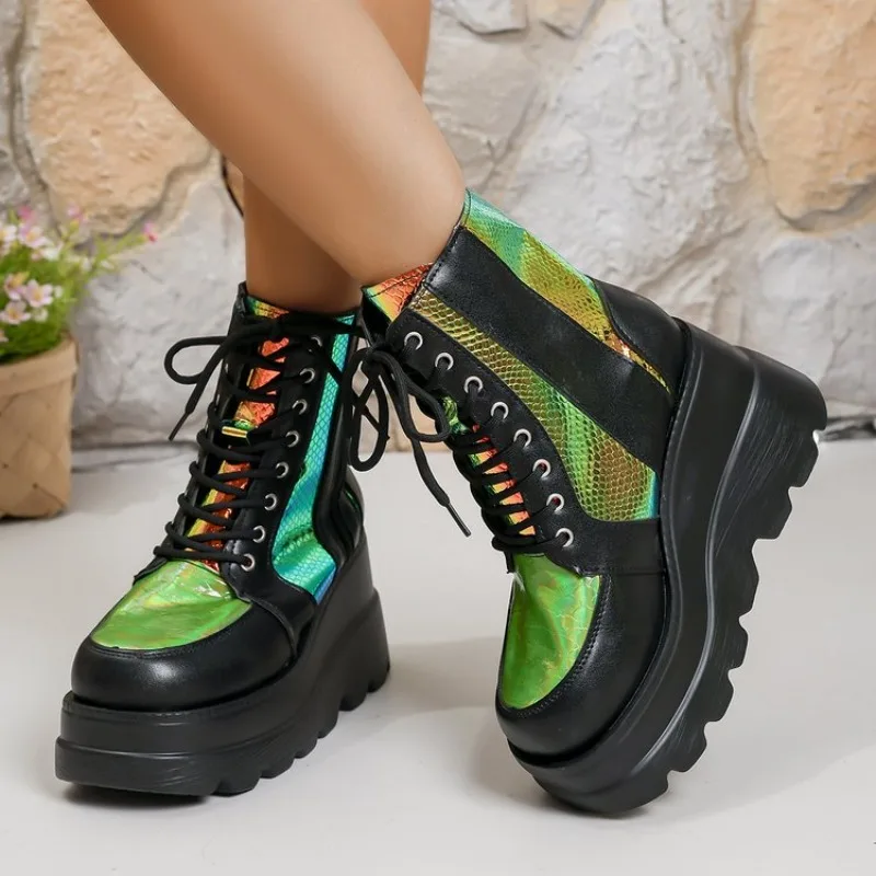 Women's Platform Boots High Wedge Heel Round Toe Lace Up Front Side Zip Lug Sole Metallic Finish Statement Party Clubwear Shoes