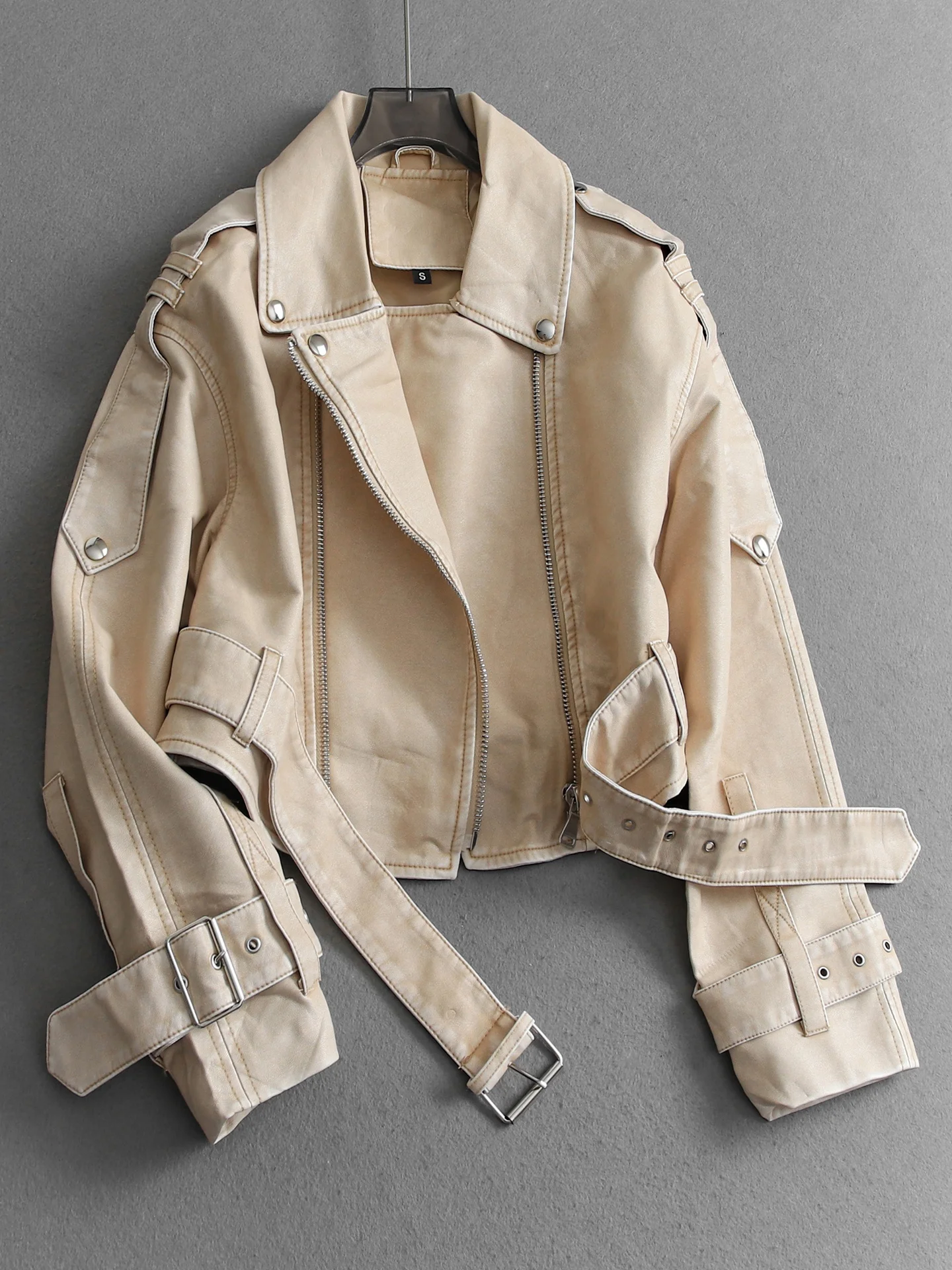 

Retro Zipper Color Lapel Loose Short Length 2026 Spring New Long Sleeve Motorcycle Jacket Outerwear Women Leather Coat
