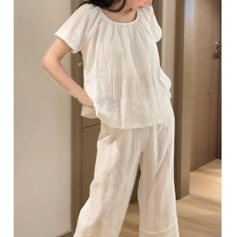 

Korean Gentle Wind Short-sleeved Pajamas Women's 2026 New Summer Large Size Loose Wide-leg Trousers Loungewear Set