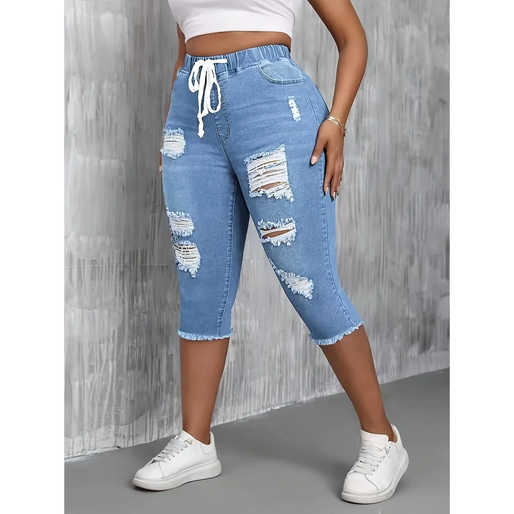 European wind hole drawstring elastic waist burrs jeans, summer explosions elastic slim ladies jeans.