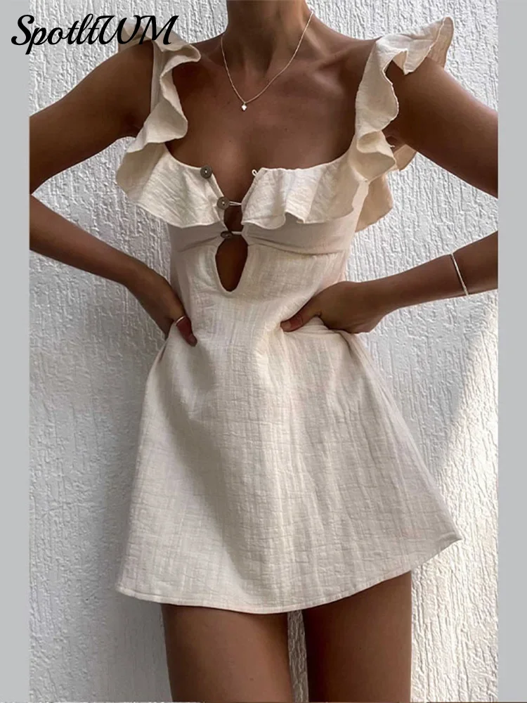 Sexy Cotton Linen Hollow Out Buttons Mini Dress Women Square Neck Backless Ruffles Short Dresses 2024 Summer High Street Vestido