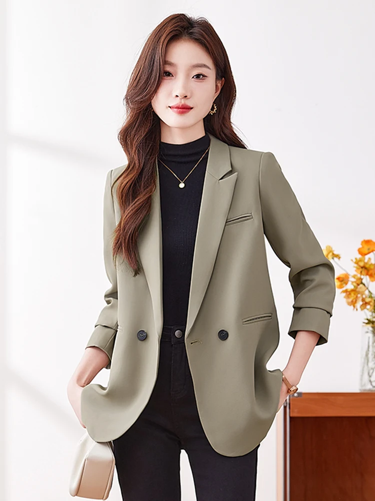 Light Khaki Color Women's Suit Jacket Casual Style Autumn Winter Loose Fashionable Top Button up Polyester Commute Style