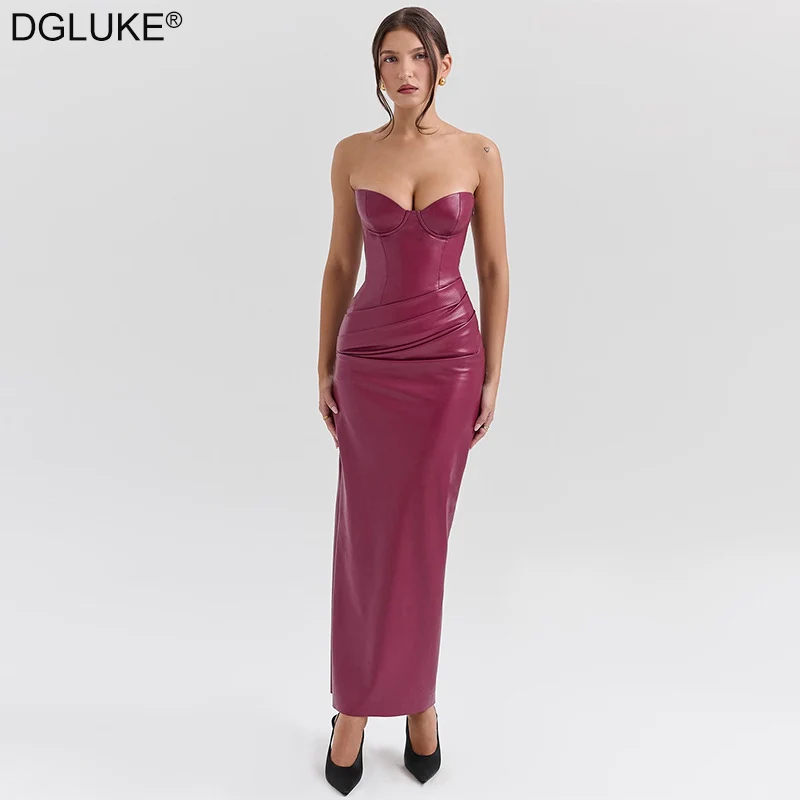 

DGLUKE Sexy Burgundy Faux Leather Dress For Women Strapless Corset Maxi Dress Elegant Long Evening Prom Dress