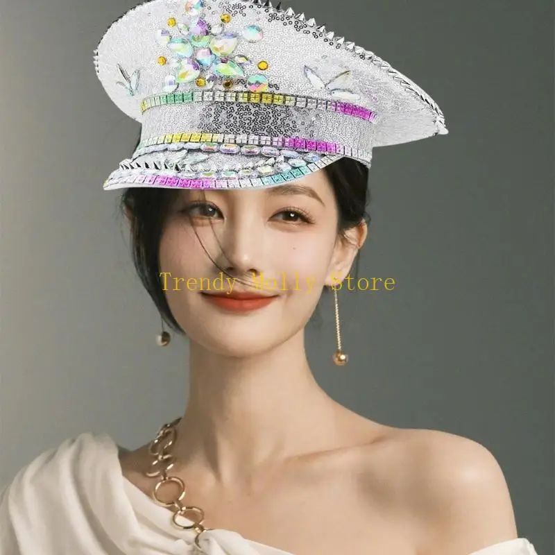 N5KB حجر الراين قبعة البحرية لسيدة زفاف العروس التألق الرقيب قبعة الجدة حفلة عيد ميلاد قبعة الكابتن قبعة للنادي الليلي #4