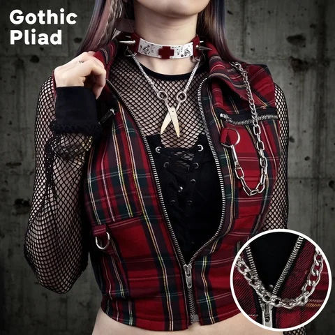 Women T-shirt Plaid Punk Streetwear Zipper Chain Plaid Female Goth Retro Hi Hop Camis Top Gothic Chic Sexy Crop Tops