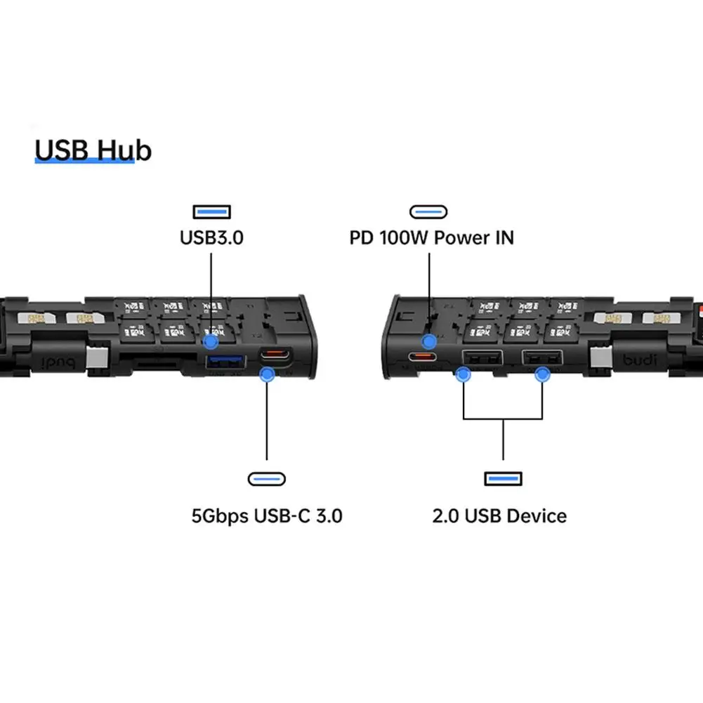 Imagem -05 - Budi Carregamento Rápido Usb c Hub Caixa de Armazenamento do Cartão sd tf Usb Port Extender Splitter para Laptop Phone 100w pd 10 em 2024