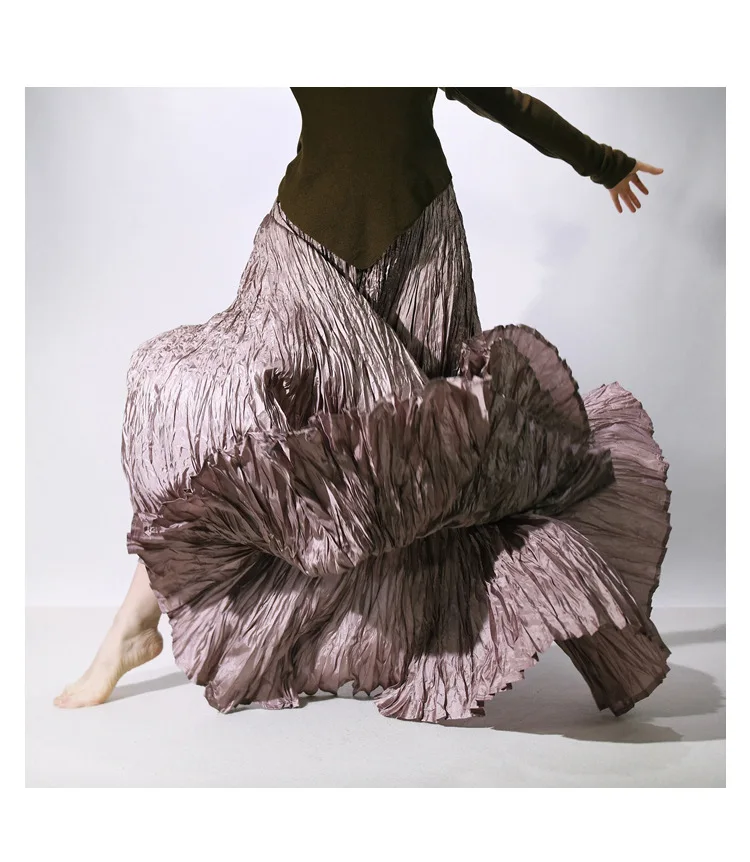 High Quality Women Spring Long Skirts Wide Hem Pleated Design High Waist A-Line Dance Maxi Skirts Faldas Femme Streetwear