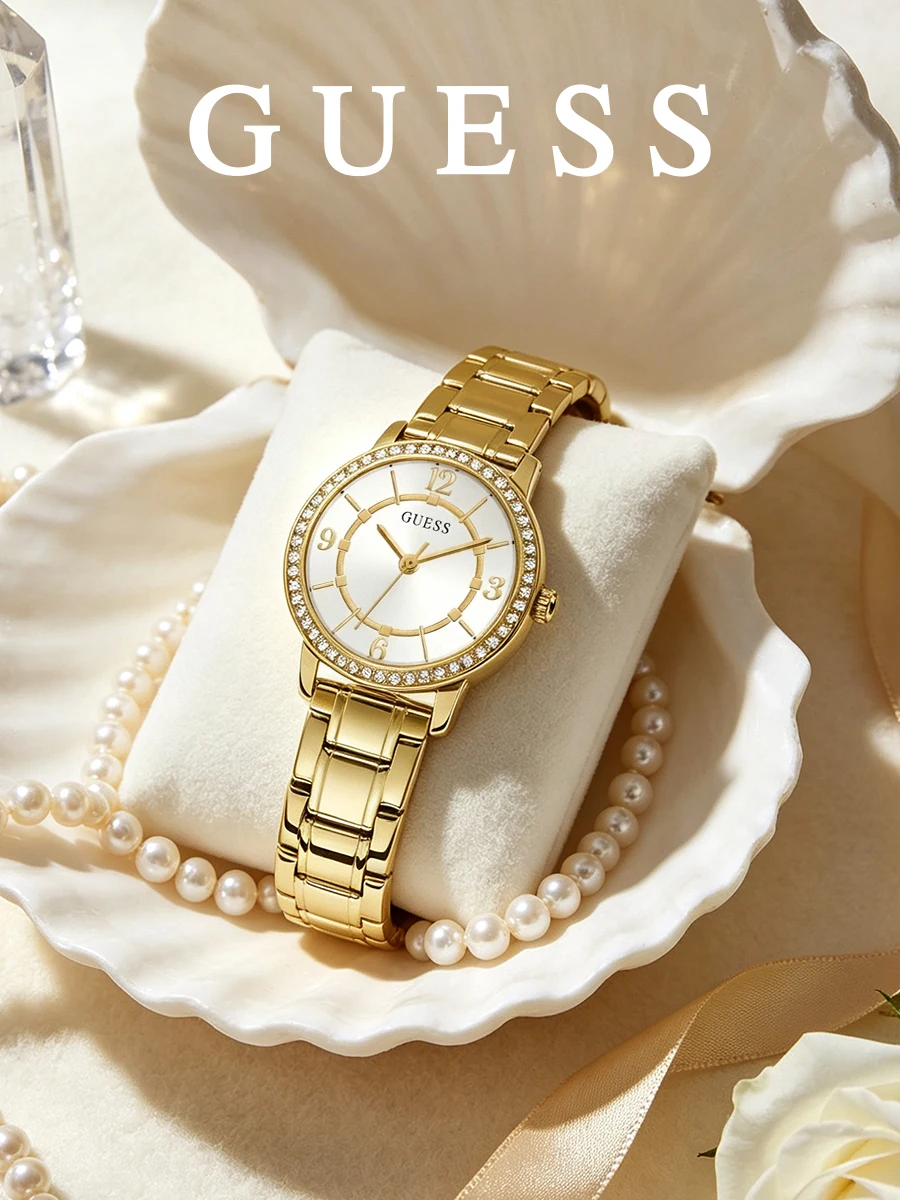 Guess Melody Gold Tone Crystal Bezel White Dial Stainless Steel Bracelet Analog Watch for Women GW0468L2