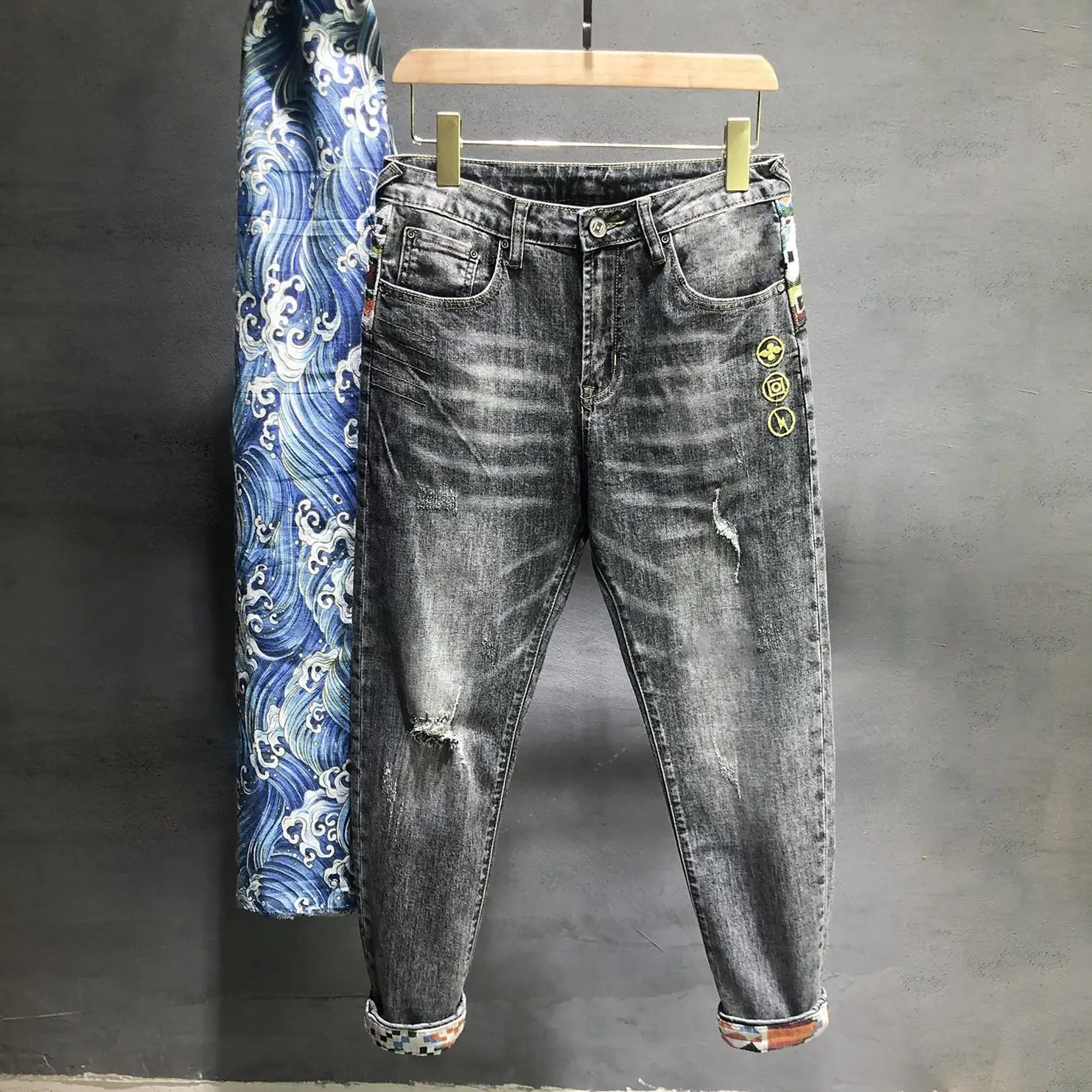 الرجال الراقية المطرزة خليط الجينز ، سليم صالح كاوبوي السراويل ، الكورية الفاخرة مصمم الملابس ، عادية موضة ، مصمم #2