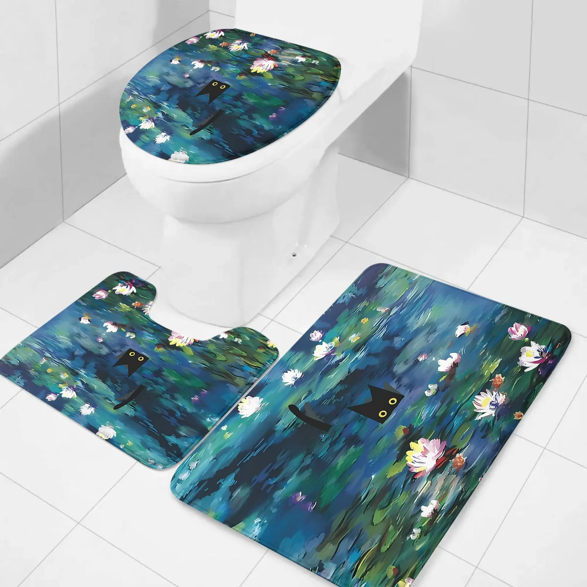 

Набор для ванной Monet Water Lily: коврик, накладка на крышку унитаза и U-образный коврик из мягкого фланеля, нескользящие, для художественного декора ванной комнаты