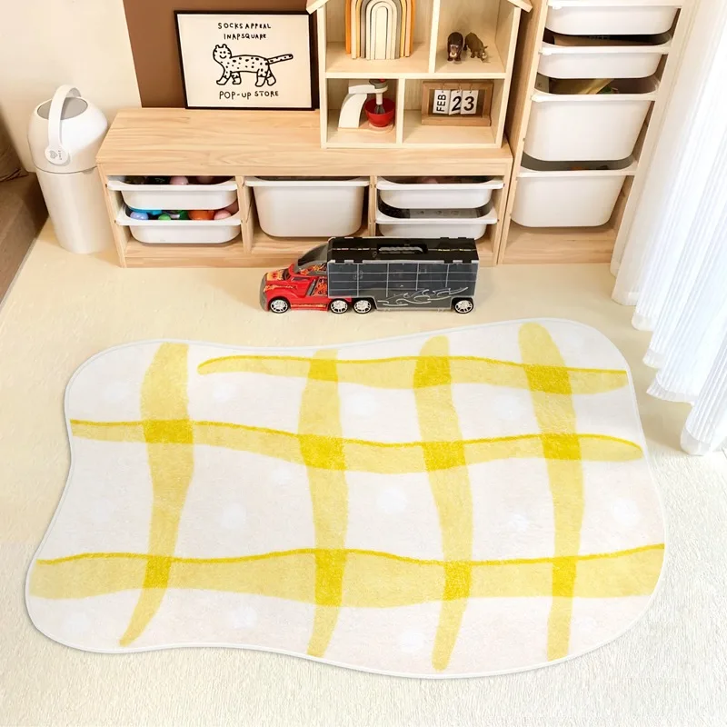 

Nordic Cute Children's Plaid Irregular Living Room Carpet Bedroom Soft Fluffy Bedside Carpets Home Decoration Easy Care for Rug