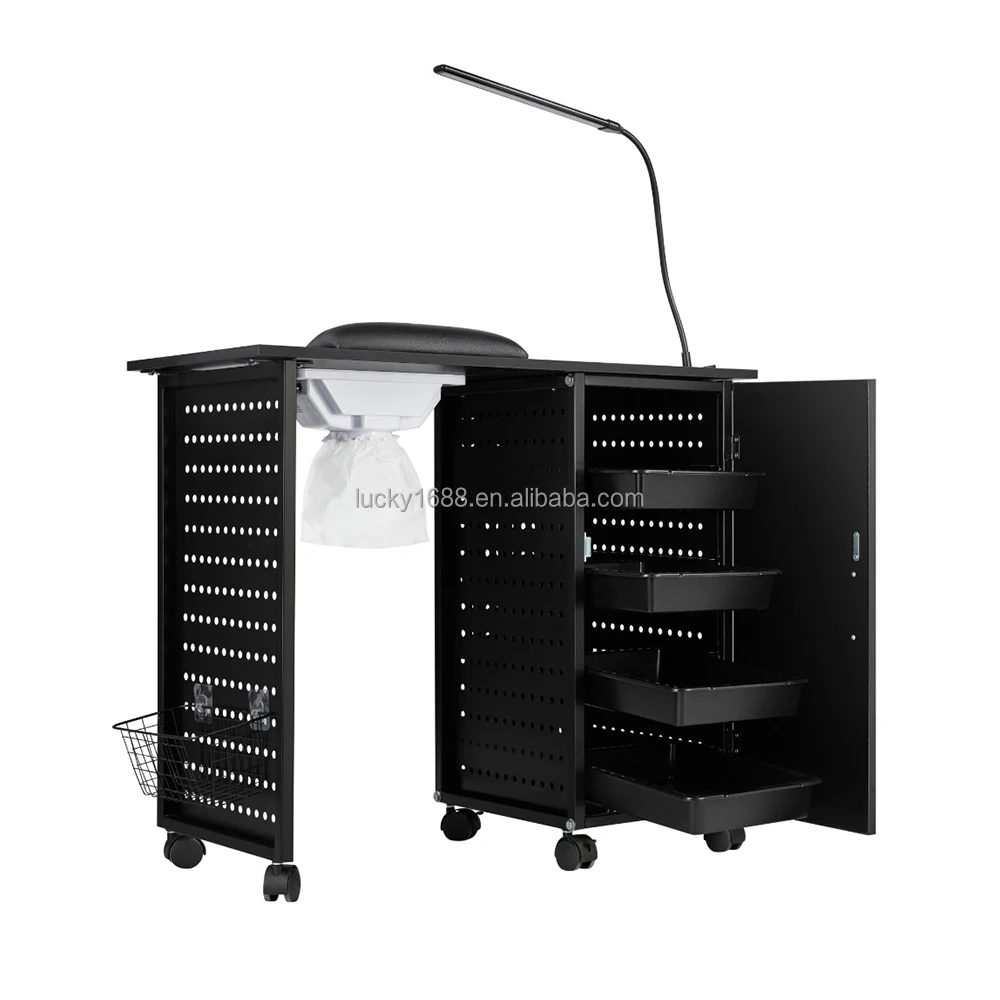 Manufacturer low price salon furniture nail care manicure desk black nail tables with dust collector and light