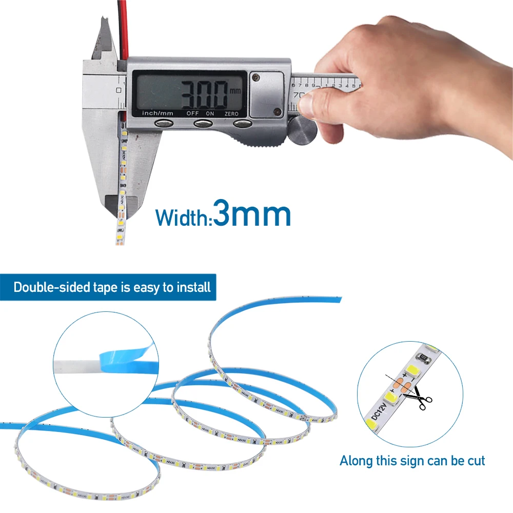 Striscia LED PCB 12V 3MM Ultra sottile SMD 2015 180Led/m nastro LED flessibile Super luminoso 8 colori 3m 5m DC12V decorazione della casa
