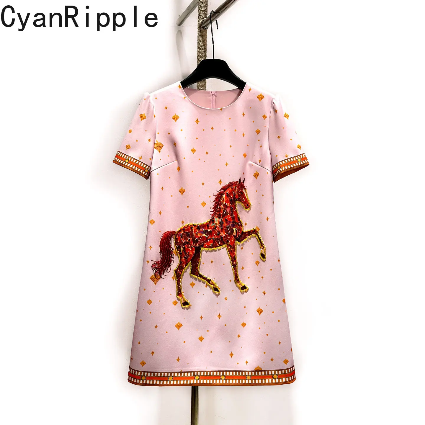 High Quality Age Reduction Pink Short Sleeve Dress Women Horse Pattern Printed Luxury Diamonds Round Neck Elegant A-line Dresses