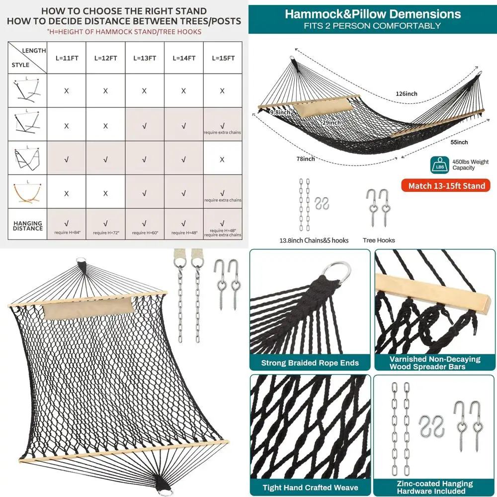 

Handwoven Cotton Double Hammock with Hardwood Bar and Pillow, 450lb Capacity, Suitable for Indoor and Outdoor Use, Black
