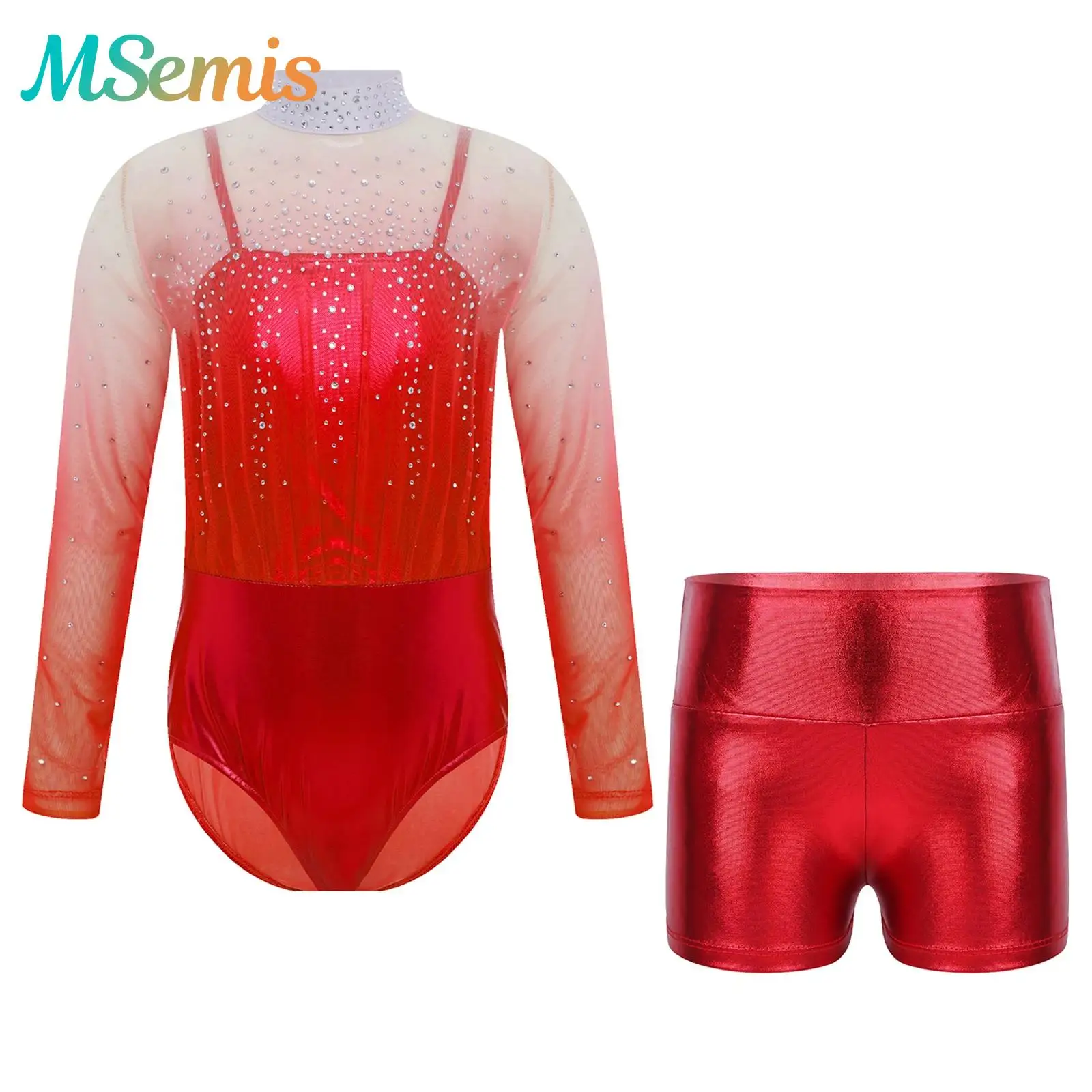 

Kids Girls Gymnastics Bodice Metallic Ballet Jersey Leotard with Shiny Shorts Shiny Rhinestones Figure Skating Dance Costume
