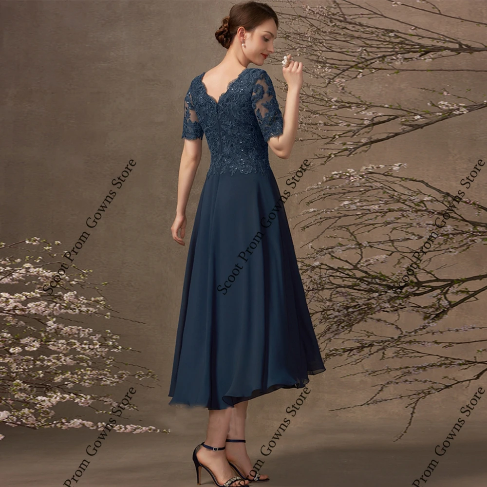 Navy Blue Mother of Bride Dresses with Chiffon Short Sleeve Wedding Party Dresses Women 2025 Summer New Beach Robe De Soirée