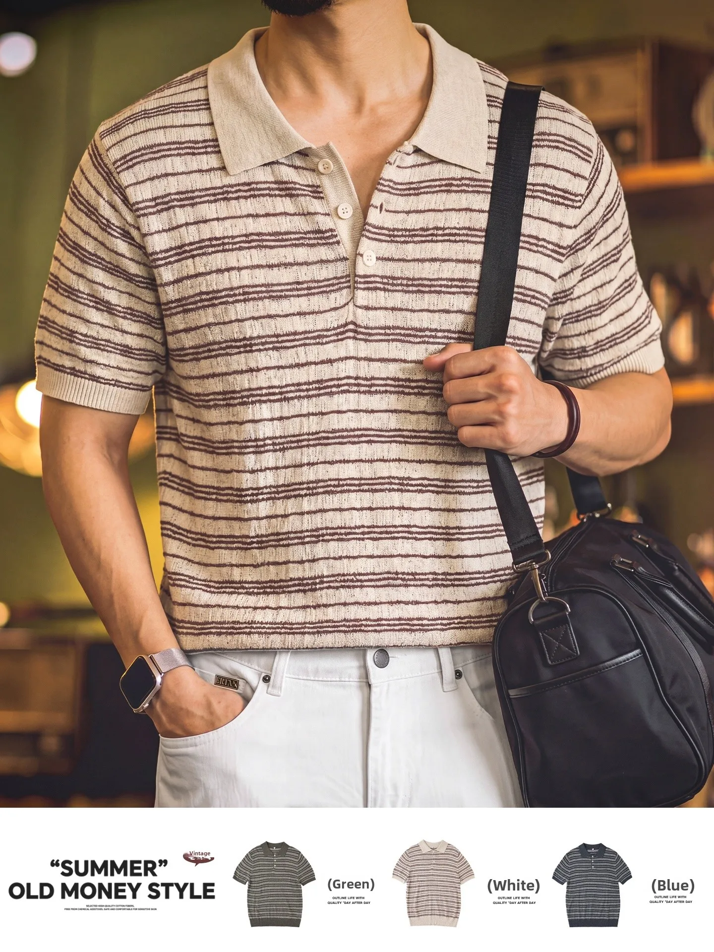 Summer 2026 Men's Italian Vintage Knitted Stripe  Shirt Cool Feeling Commute Short Sleeve Blend of Lenzing And Linen Casu...