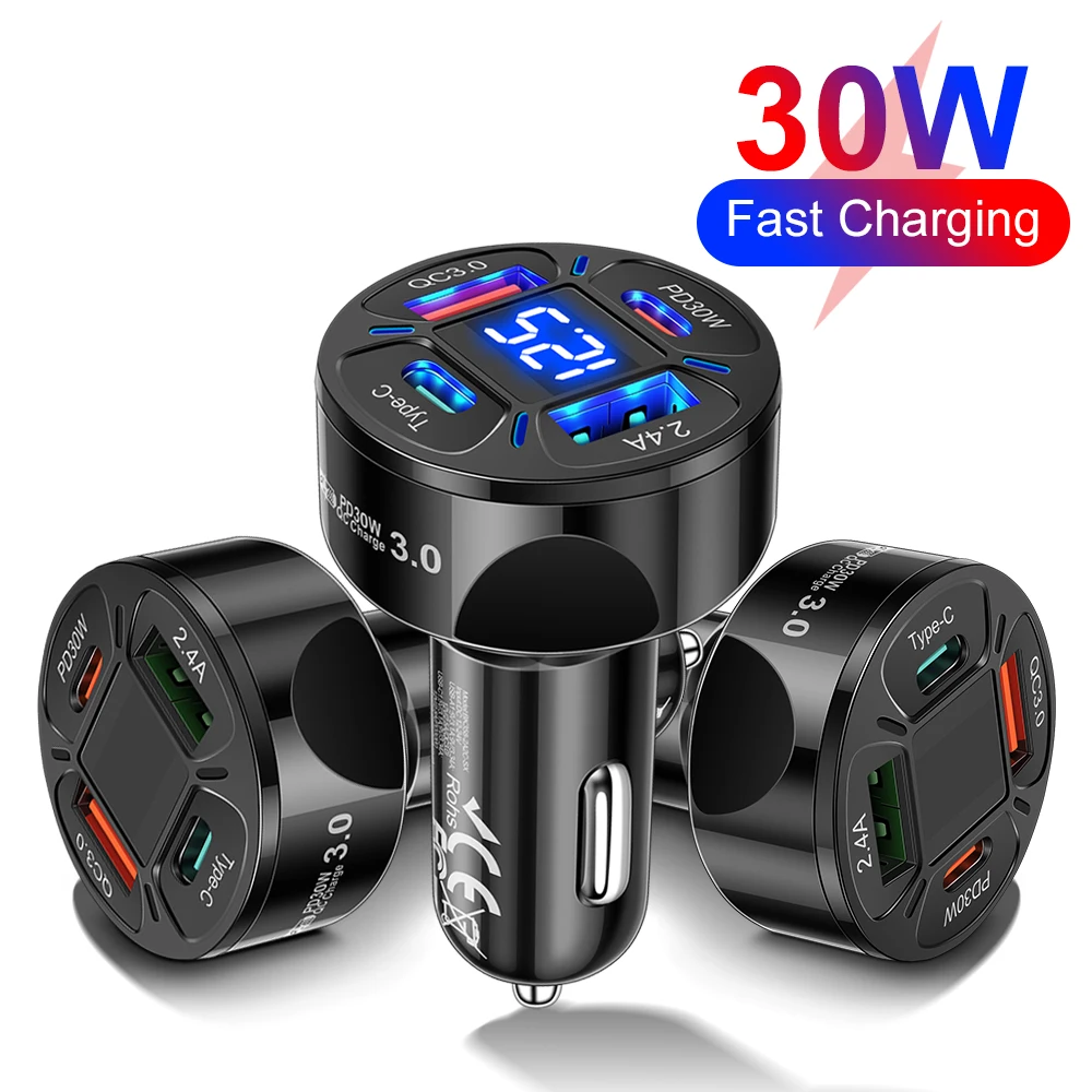 USB-Autoladegerät 30 W 4 Ports Typ C PD Schnellladung Schnelllade-Netzteil Digitalanzeige für Huawei IPhone Xiaomi im Auto