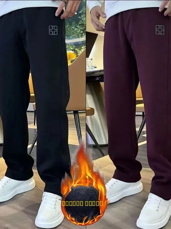 Men's Straight Leg Pants Fleece Lined Thick Casual Sports Long Trousers Loose Fit Autumn Winter Style Polyester Fiber