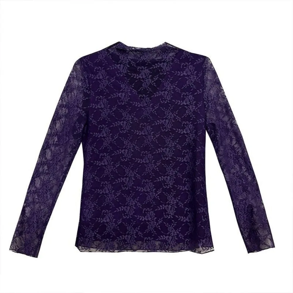 Fake V Neck Women Lace Shirt Floral Lace Long Sleeve Long Sleeve Top Hides Extra Fat Stretchy Mesh Layering Shirt