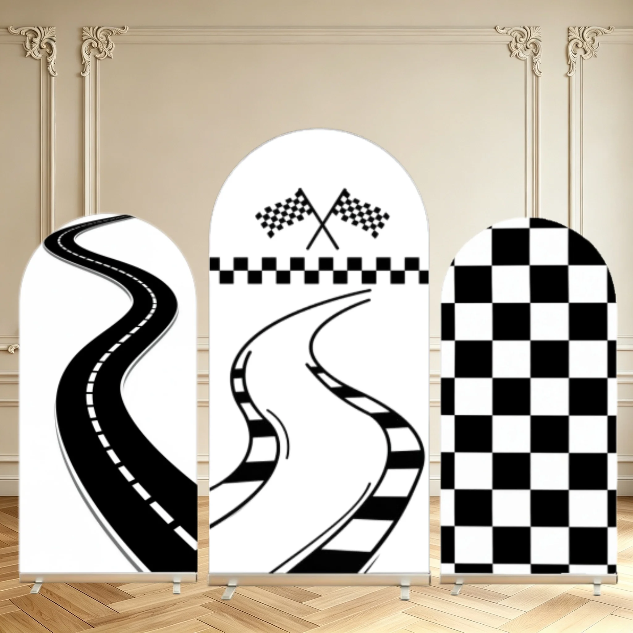 Fast One Boy Birthday Arch Backdrop Cover Black White Race Track Checkered Flag Race Car Theme Party Double Sided Arch Covers