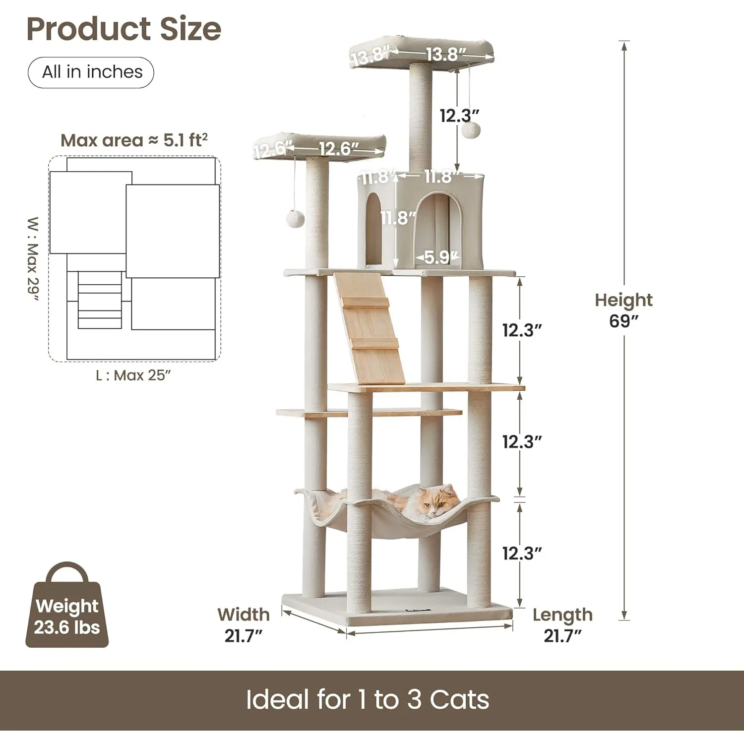 MWPO Large Modern Cat Tree, 70.1-Inch Wood Cat Tower for Indoor Cats, Multi-Level Tall Cat Condo with 2 Padded Perches