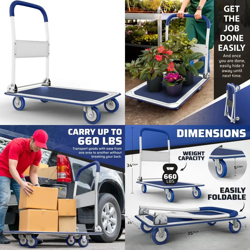 

Сверхмощный складной ручной тележки емкостью 660 фунтов и поворотными колесами для использования бортовой посадкой.