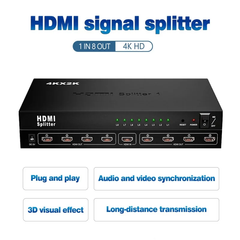 

HDMI 4K splitter 1 in 8 out 1080P HD signal amplifier TV monitoring multi-screen audio and video synchronous display converter