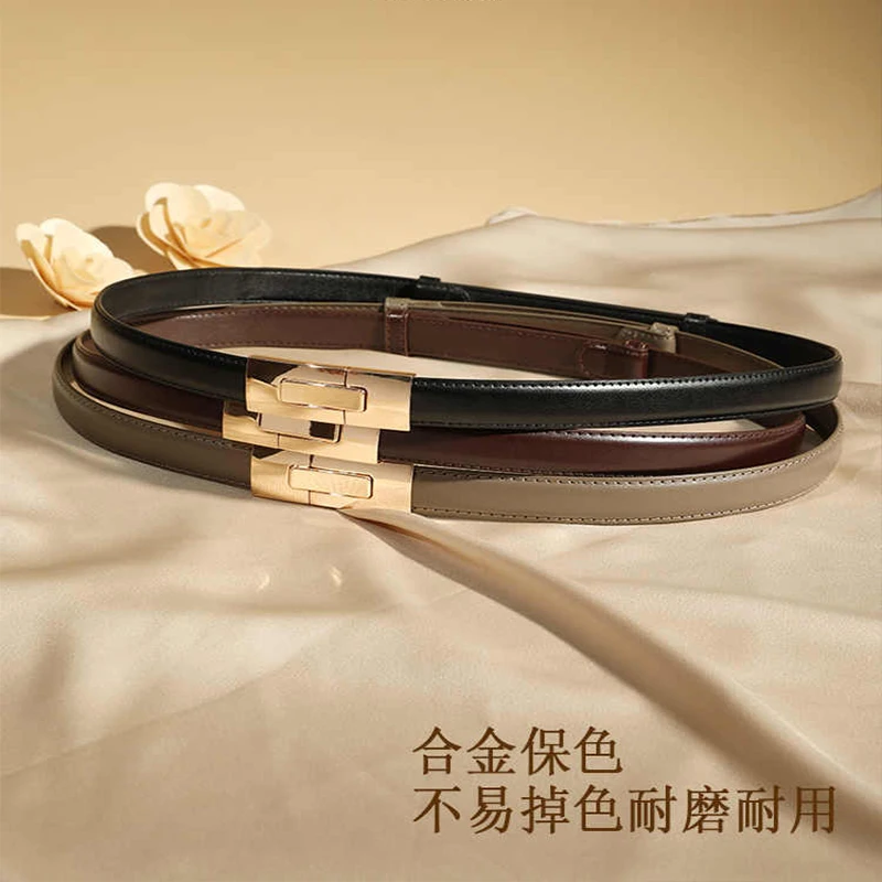 Women Skinny Leather Belt Solid Color Vintage Metal Interlock Buckle Adjustable Thin Waist Belts For Dress Jeans Coat