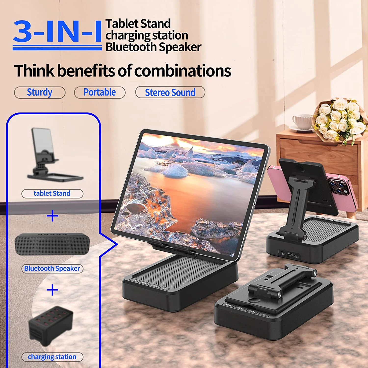 Cell Phone Stand with Wireless Bluetooth Speaker, Adjustable HD Surround Sound Phone Speakers, Charging Sation for Phone Tablet