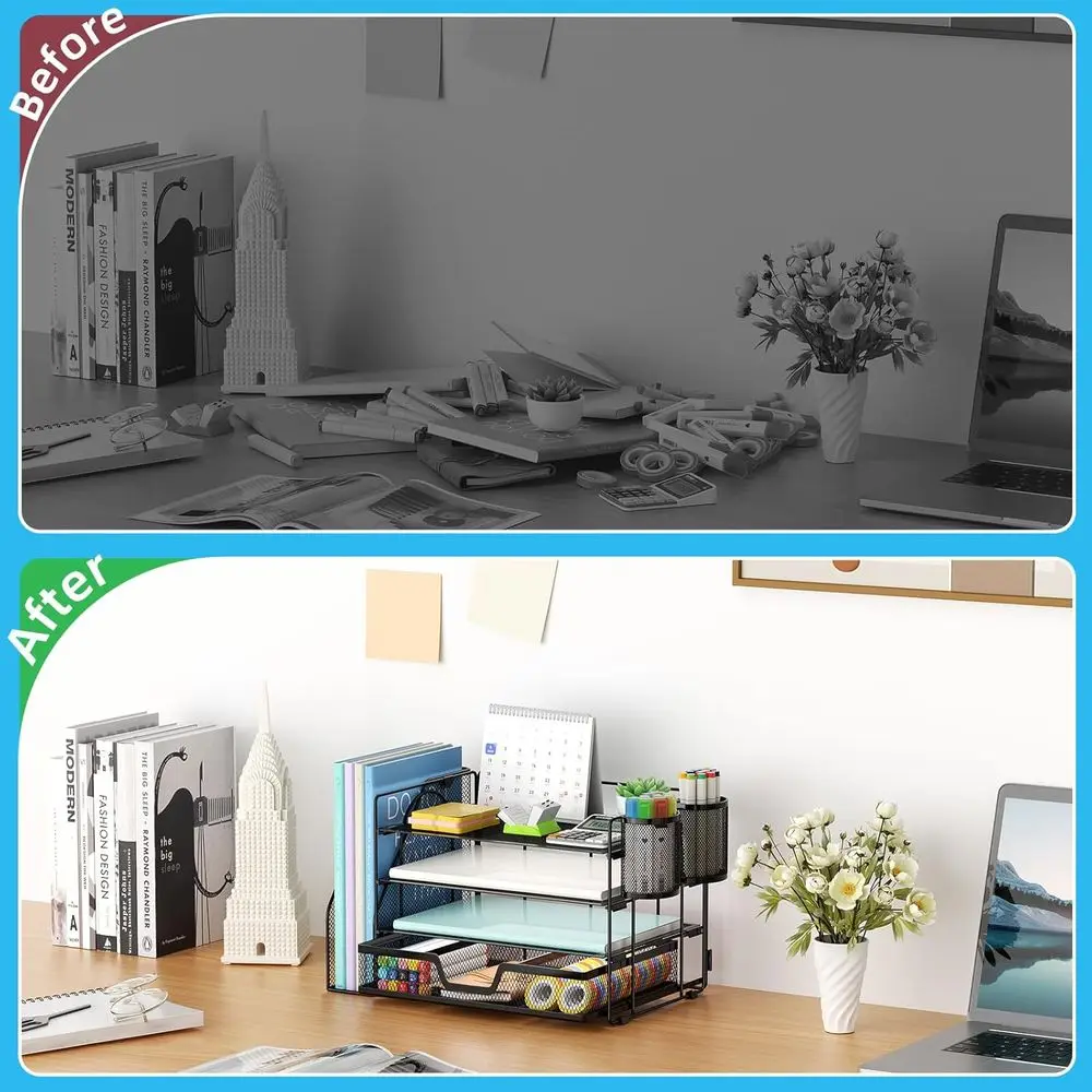 Desk Organizer and Accessories，4-Tier Paper Letter Tray Organizer with File Holder, Desk Accessories & Workspace Organizers with