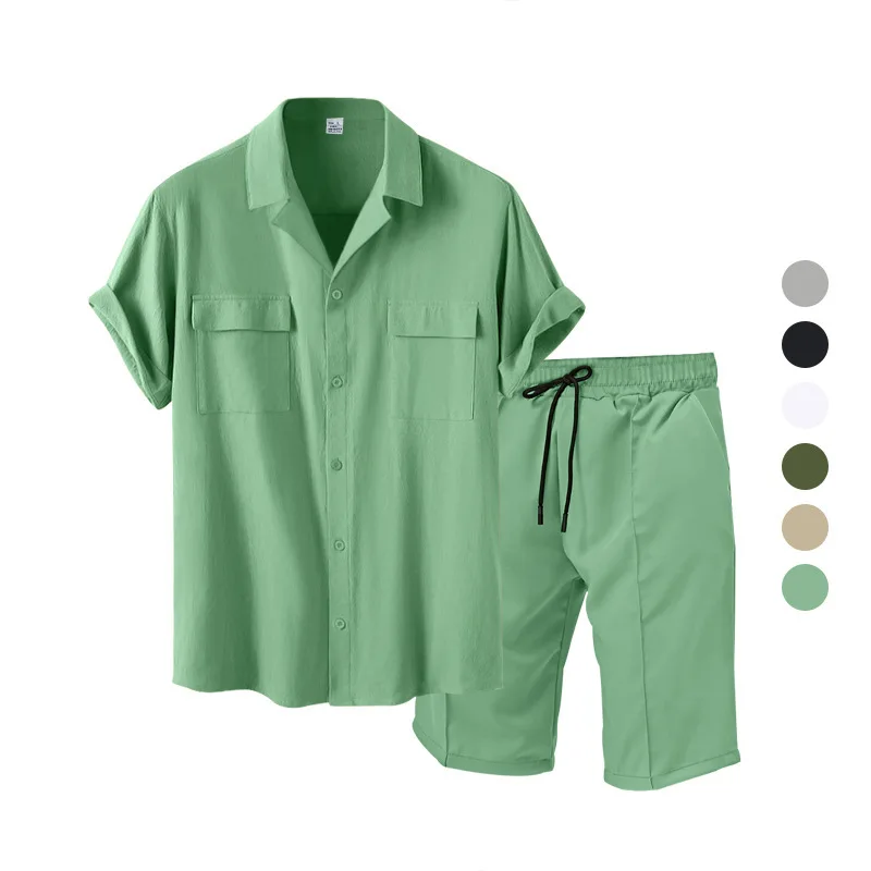 

Pop Casual Fashion Men's Suit Summer Beach Style Solid Color Men's Shirt Short Sleeve And Shorts Two-Piece Set Men's Clothing