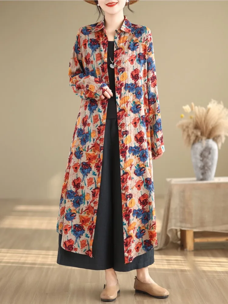 Oversized Spring Long Shirt Dress Women Floral Print Fashion Long Sleeve Ladies Dresses Casual Loose Pleated Woman Shirt Dress