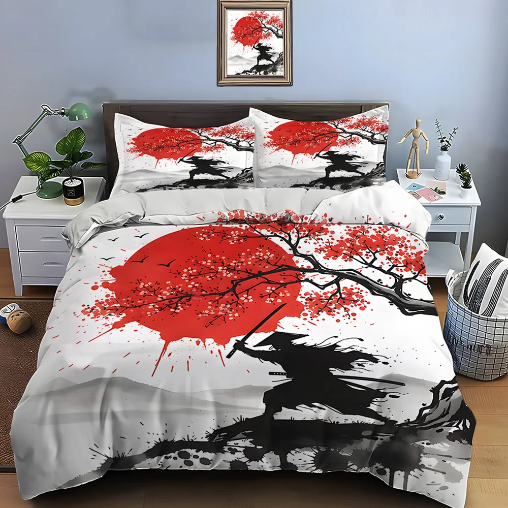 Samurai under cherry blossoms and red moon Bedding Set for Kids Luxury Gift 3pcs Digital Print Comforter Set Soft Comfortable