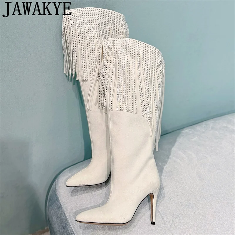 Suede Tassels Inlaid Crystal Design Knee High Boots Women Pointy toe High Heel Chelsea Boots Winter Runway Fashion Week Boots