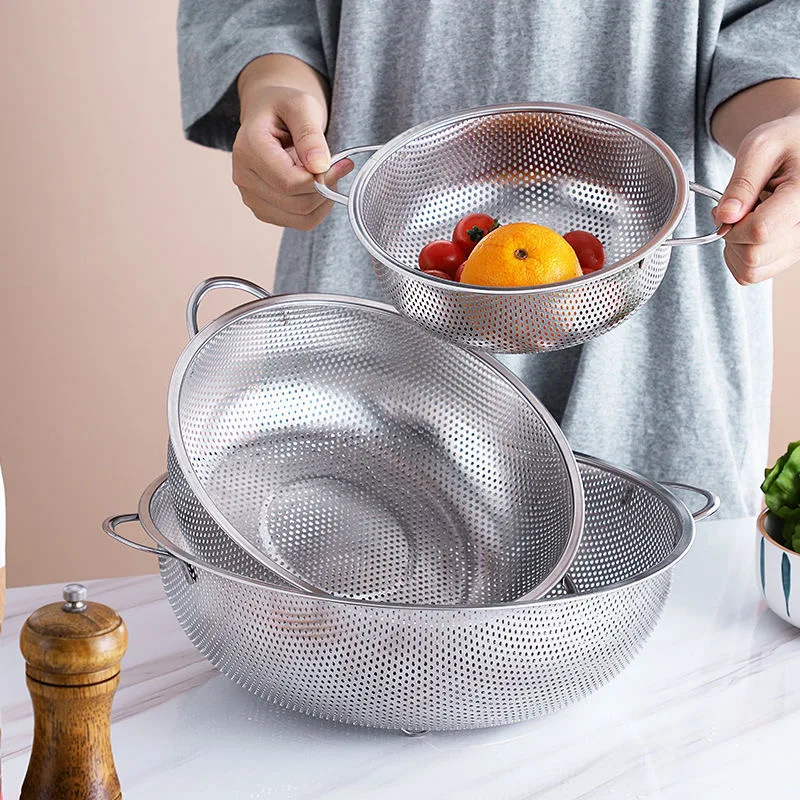 

Stainless Steel Drain Basket Colander Fruit Rice Vegetable Washing Basket Strainer Drainer with Handle Kitchen Storage Tools