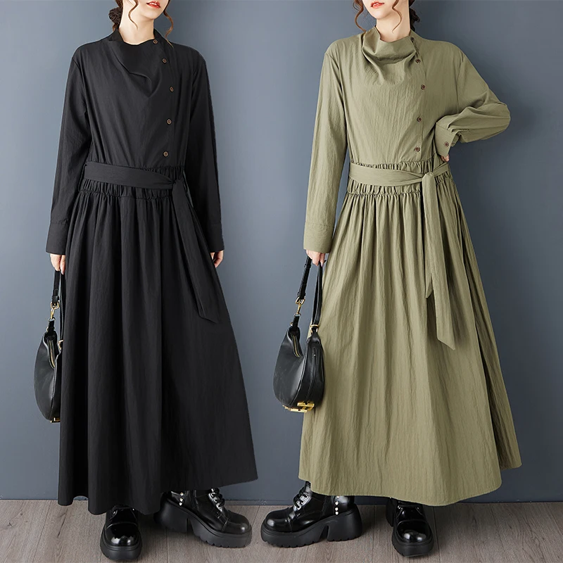 

Элегантное хлопковое платье-рубашка миди свободного кроя с художественным дизайном, воротником-стойкой, плиссировкой и эффектом стройности