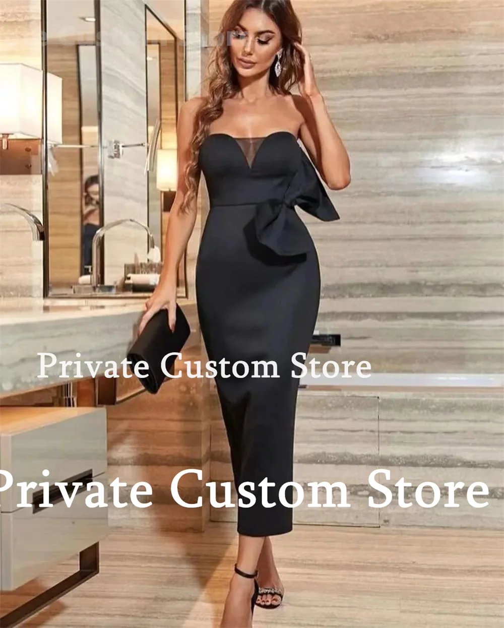 New Black Ankle-Length Formal Evening Dress Sweethear Neck Strapless Plain Satin With Bow Homecoming Dress 2024 Party Dresses