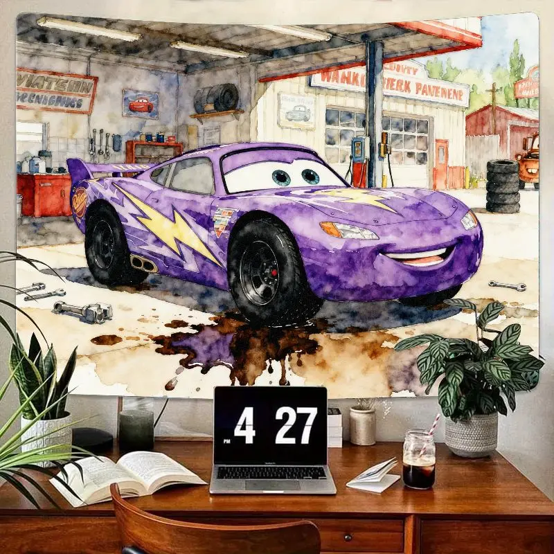 

1 шт., фиолетовый гобелен с молнией, гоночный автомобиль, полиэстеровый гобелен, акварель, мультяшный гараж, настенное искусство для мальчиков, детский декор для спальни, подарок